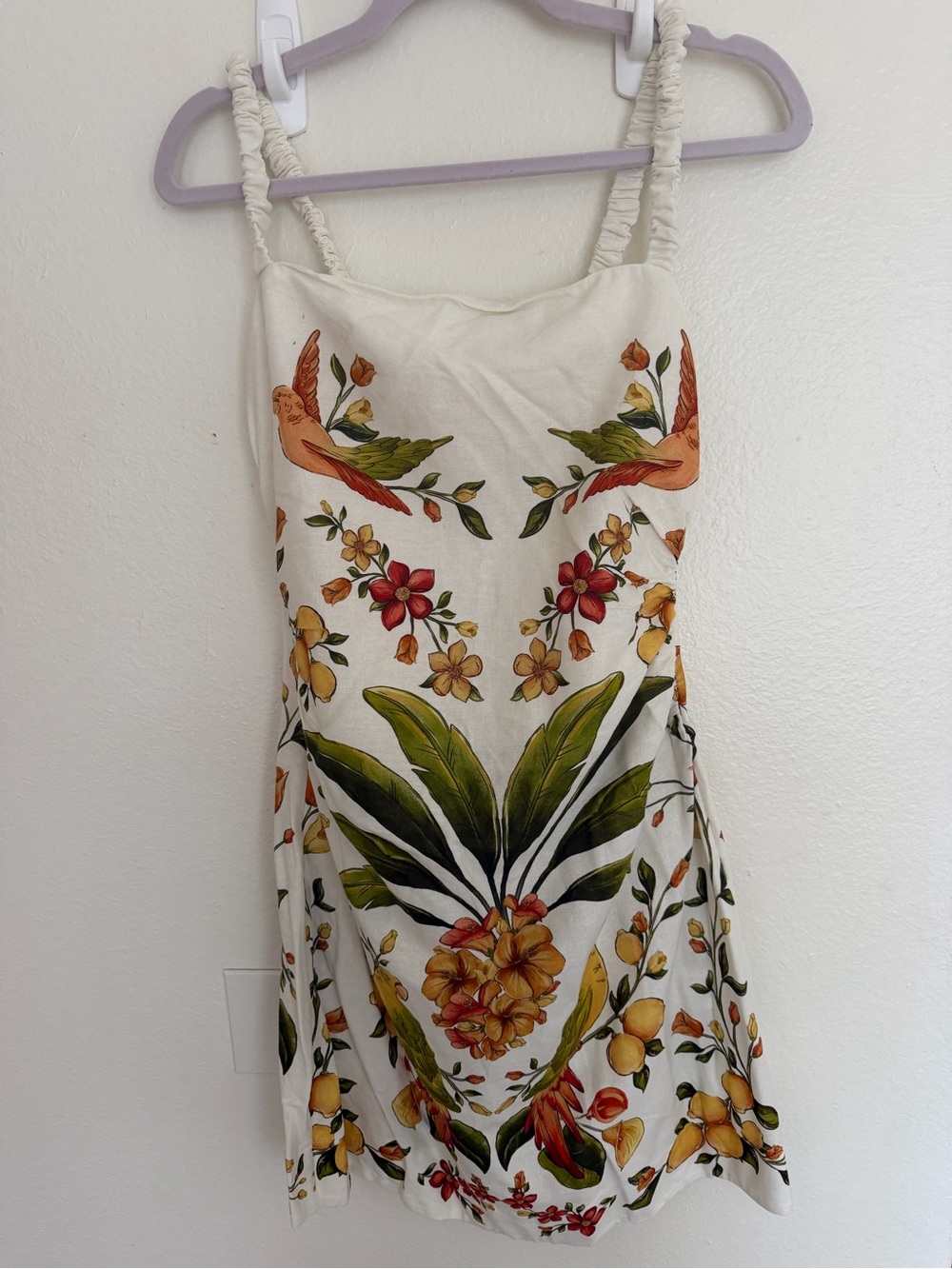 FARM Rio Cream Mini Dress with Green, Yellow and Orange Floral Print, worn once